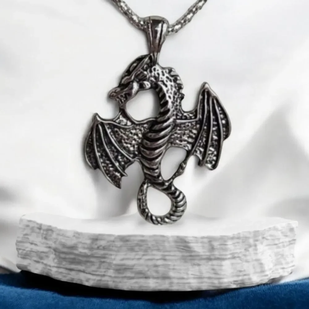 Winged Dragon Necklace Silver Zinc Alloy Pendant Men's Fashion Jewelry Chain